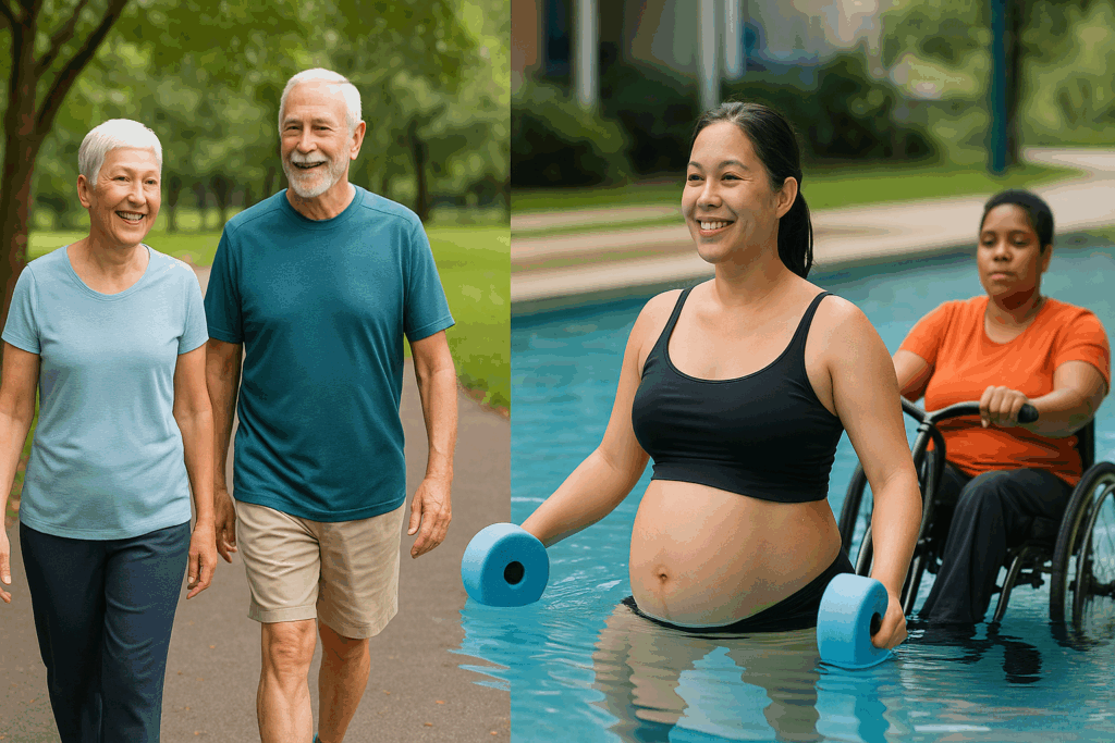 Unlocking Peak Performance: Which Type of Exercise Is Best for Improving Cardiorespiratory Fitness and Endurance? 7 Senior couple walking in park, pregnant woman doing water aerobics, and wheelchair user hand cycling—showing which type of exercise is best for improving cardiorespiratory fitness.