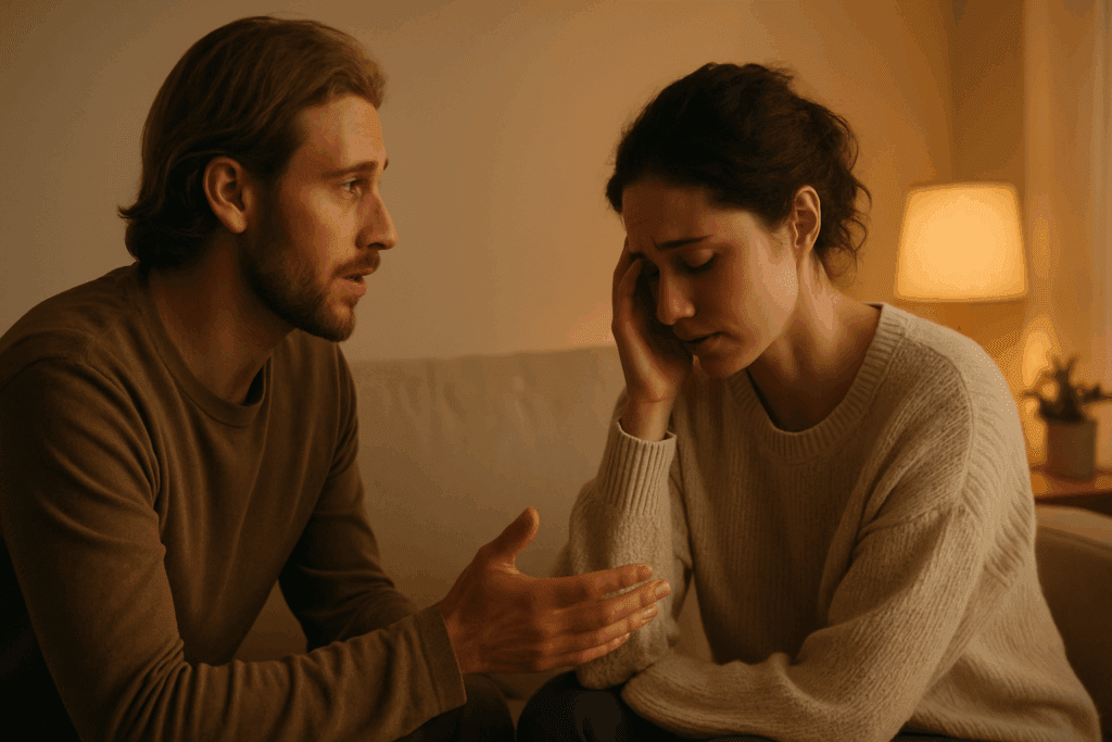 What Can I Do to Help My Girlfriend with an Eating Disorder? Supportive Nutrition Tips and Lifestyle Tools for Recovery 1 Man gently comforting his girlfriend during an emotional conversation on how to Help My Girlfriend with an Eating Disorder in a quiet, warmly lit room.