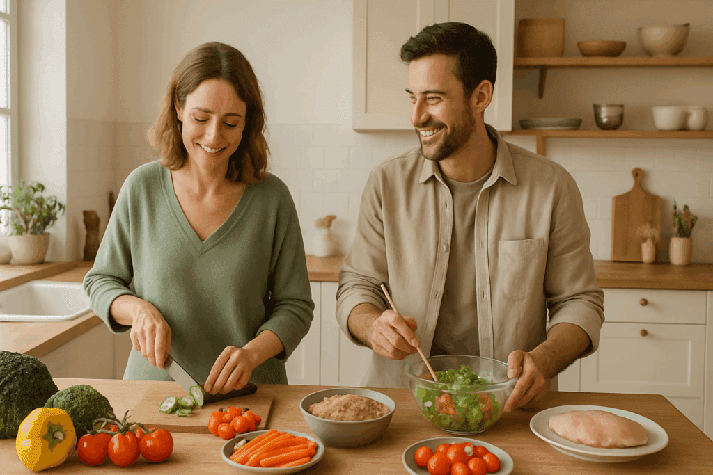 What Can I Do to Help My Girlfriend with an Eating Disorder? Supportive Nutrition Tips and Lifestyle Tools for Recovery 2 Couple preparing a healthy meal together in a calm kitchen, symbolizing support and recovery to help my girlfriend with an eating disorder