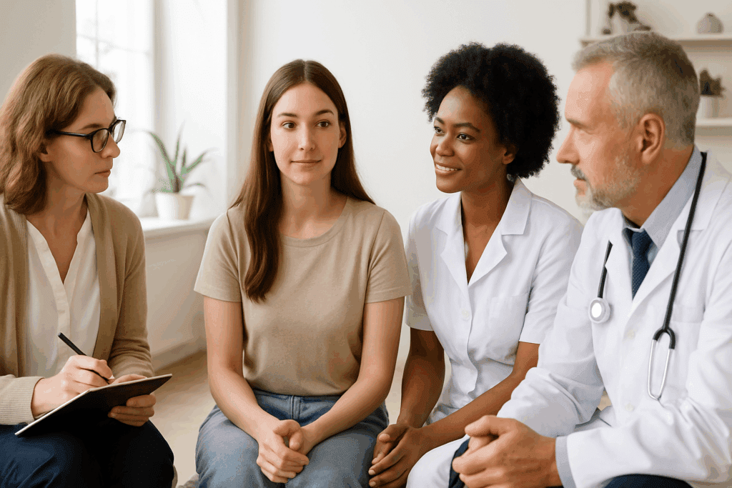 What Can I Do to Help My Girlfriend with an Eating Disorder? Supportive Nutrition Tips and Lifestyle Tools for Recovery 3 Young woman in therapy session with a diverse healthcare team, symbolizing efforts to help my girlfriend with an eating disorder.