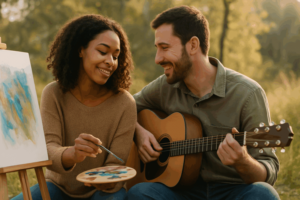 What Can I Do to Help My Girlfriend with an Eating Disorder? Supportive Nutrition Tips and Lifestyle Tools for Recovery 5 Couple outdoors painting and playing guitar in nature, sharing a peaceful moment during recovery, symbolizing support to help my girlfriend with an eating disorder.