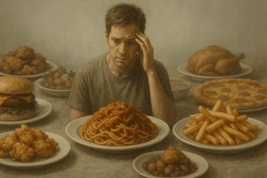 A young man looks conflicted and overwhelmed by oversized plates of food, symbolizing the emotional and physical burden of overeating. The image visually answers the question, 'What Happens If You Eat Too Much?' through a depiction of excessive food and emotional distress