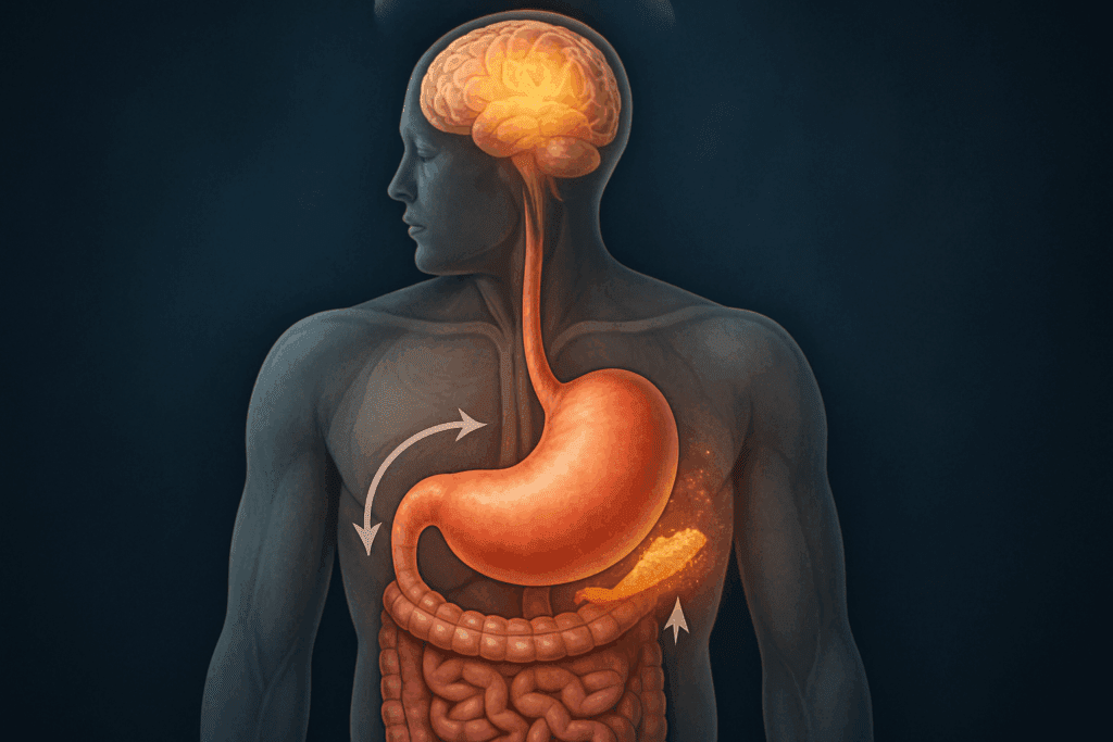 Realistic illustration of the human torso with an over-expanded stomach, illustrating what happens if you eat too much. The image shows the digestive tract and stomach stretching, with visual effects highlighting disrupted signals from the brain and pancreas, symbolizing hormone imbalances