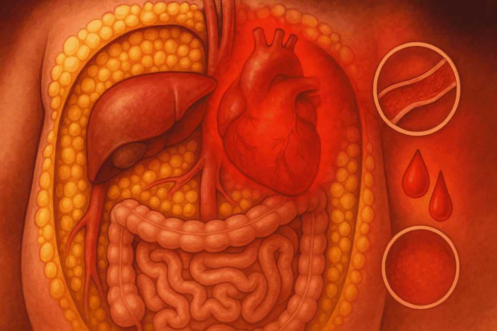 Cross-sectional view of the human torso showing visceral fat surrounding the liver and heart, with hazy red inflammation and symbolic representations of diabetes and heart disease. This illustration visualizes the impact of metabolic syndrome and its components, highlighting the long-term effects of excess visceral fat on internal organs