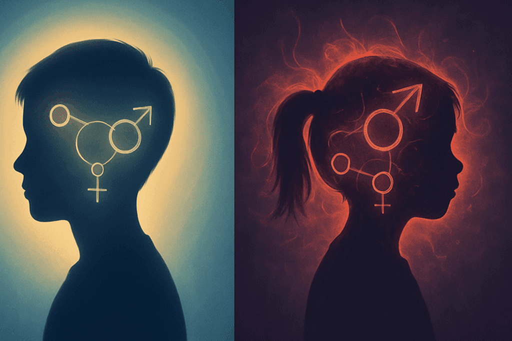 Conceptual image showing two silhouettes of teenagers side by side: one with a balanced hormonal aura and the other with chaotic hormone visuals, depicting the impact of diet and hormonal disruption on growth. This visual representation highlights what happens if you eat too much and how it affects growth and hormonal balance