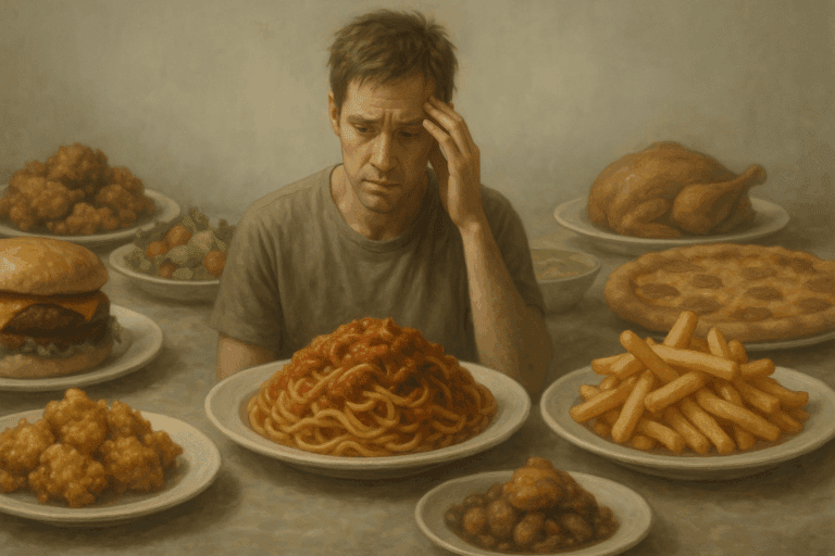 A young man looks conflicted and overwhelmed by oversized plates of food, symbolizing the emotional and physical burden of overeating. The image visually answers the question, 'What Happens If You Eat Too Much?' through a depiction of excessive food and emotional distress