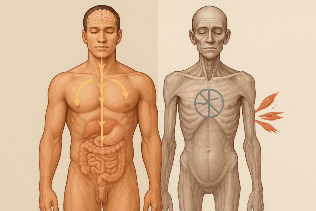 Detailed illustration comparing the biological response to starvation, showing a healthy nourished body on the left with active energy flow and a malnourished, starved body on the right with depleted muscle tissue and slowed metabolism. The image visually demonstrates the physical consequences of choosing to starve yourself