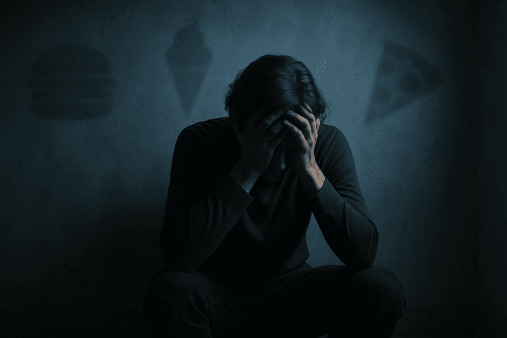 Person sitting alone in a dark room, holding their head in distress as they experience the emotional toll of starving yourself. Faint, ghostly food cravings, such as a burger, ice cream, and pizza, are subtly cast as shadows on the walls, illustrating the psychological consequences of self-imposed starvation