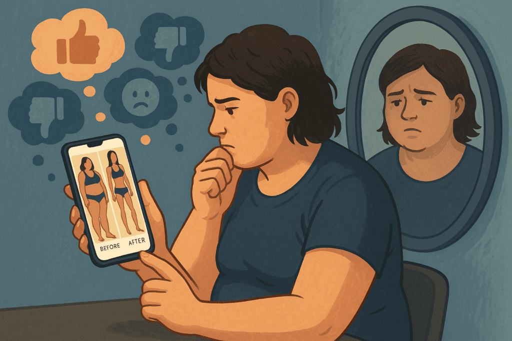 A person scrolling through social media on their phone, viewing glamorous 'before and after' weight loss images that promote the myth of extreme transformations, while their reflection in the mirror shows a more realistic view of their current self. The image contrasts the unhealthy pressure to 'starve yourself' with the true, often overlooked reality