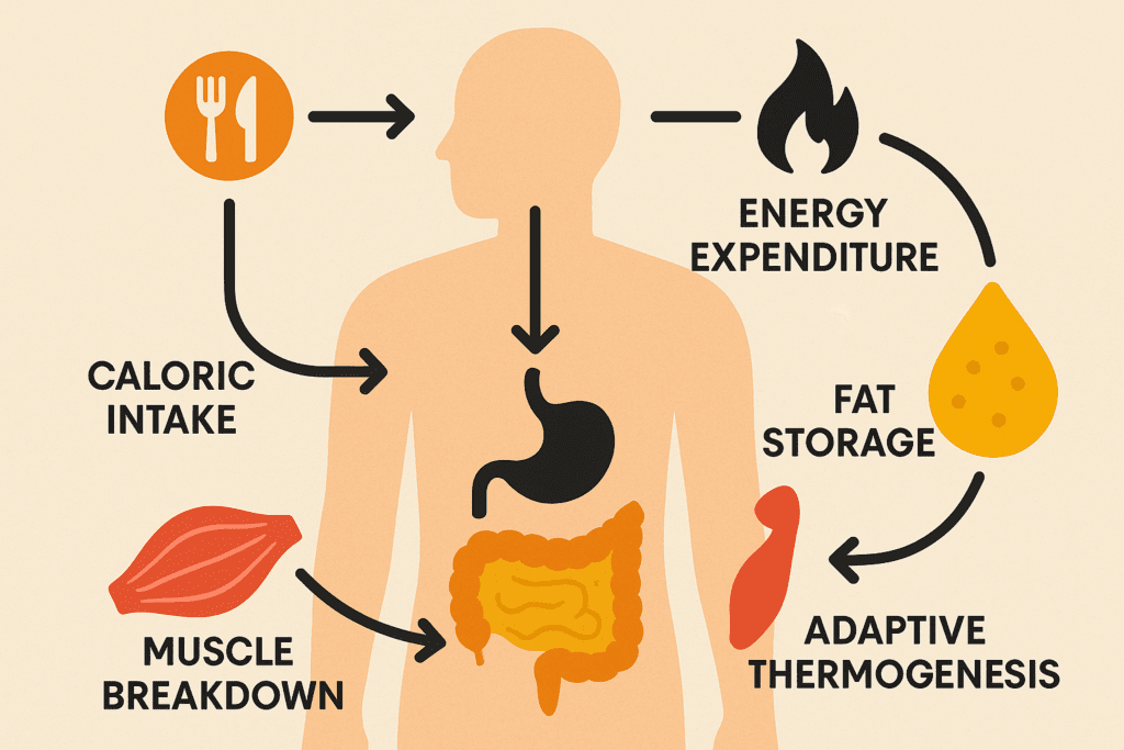 Diagram illustrating human metabolism and energy processes when you starve yourself, highlighting energy use, fat storage, muscle breakdown, and adaptive thermogenesis during food deprivation.