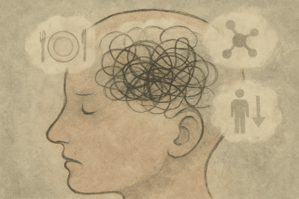 Abstract illustration of a person’s head with a chaotic brain, symbolizing confusion about dieting, hunger, fat loss, and metabolism. The image conveys the mental turmoil and misinformation often associated with dieting and the dangers of choosing to 'starve yourself.