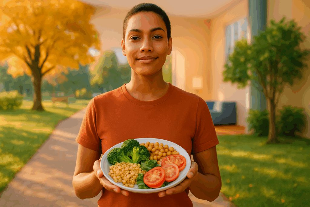 A young person standing in a serene park, holding a plate of balanced food, symbolizing the importance of nourishment over deprivation. The image highlights a peaceful and self-assured individual, emphasizing the journey towards sustainable wellness and the dangers of choosing to 'starve yourself' in favor of balance and healthy eating