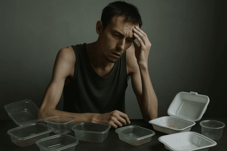 Young man looking exhausted and distressed, surrounded by empty food containers, symbolizing the negative consequences of choosing to starve yourself for weight loss. The minimalist, somber setting reflects the physical and emotional toll of extreme dieting and starvation