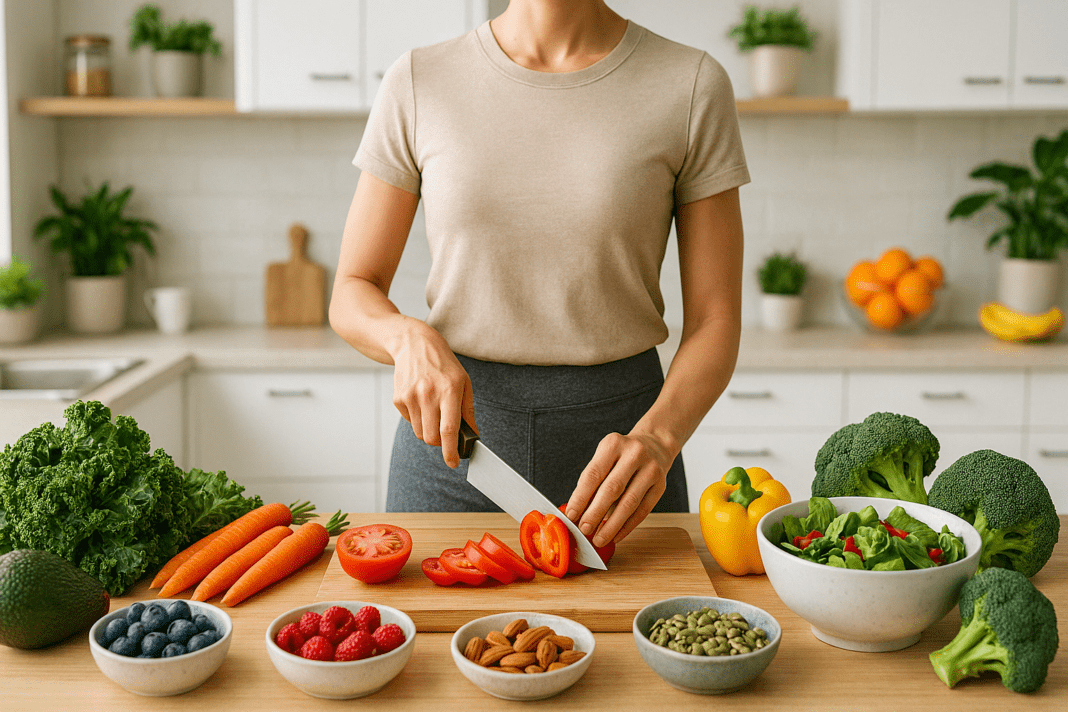 Woman preparing a colorful sugar-free meal with fresh vegetables and nuts in a bright kitchen, symbolizing What Happens When You Quit Sugar for 30 Days.