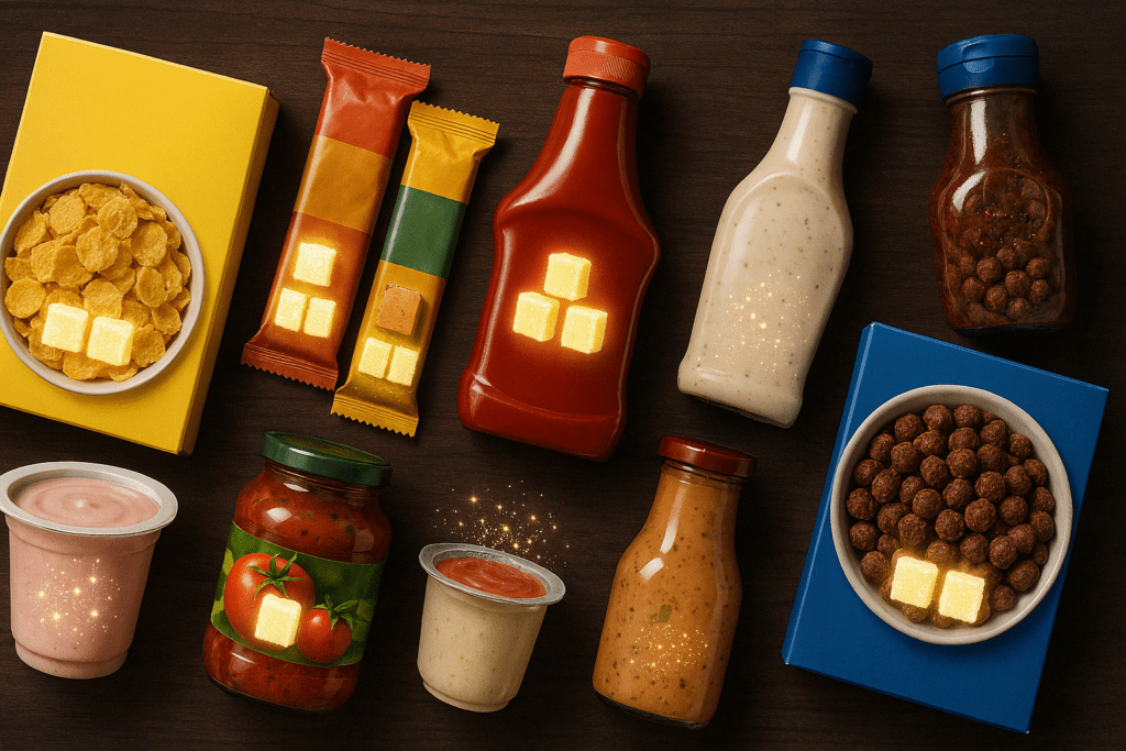 What Happens When You Quit Sugar for 30 Days? A Science-Backed Look at the 30 Day No Sugar Challenge and Its Health Effects 1 Flat lay of processed foods like cereal, ketchup, and yogurt with glowing sugar highlights, illustrating what happens when you quit sugar for 30 days.
