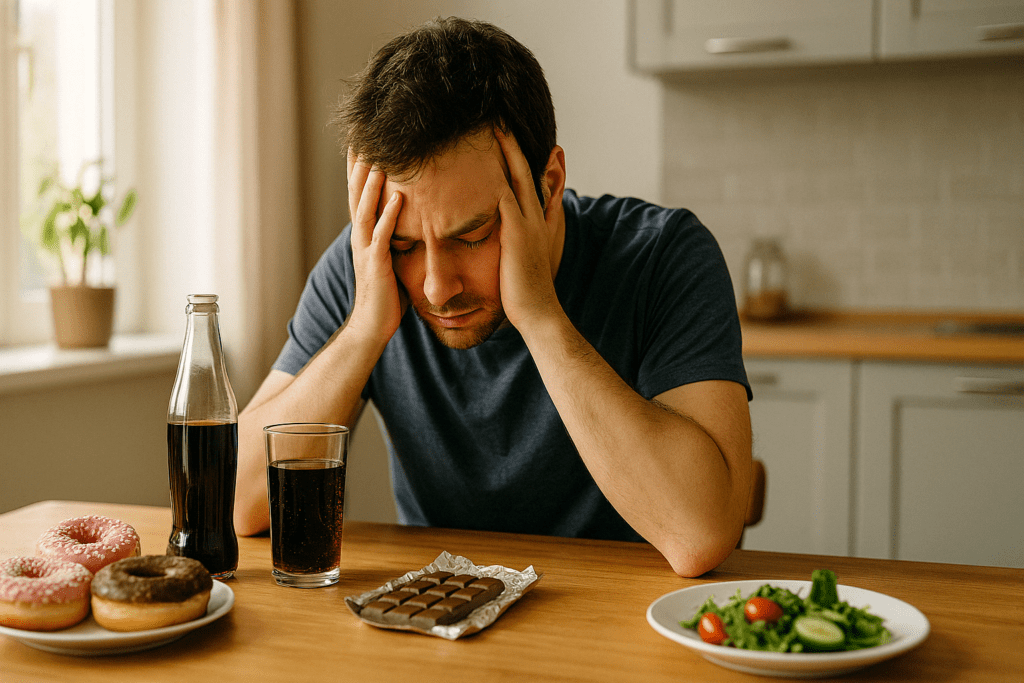 What Happens When You Quit Sugar for 30 Days? A Science-Backed Look at the 30 Day No Sugar Challenge and Its Health Effects 2 Frustrated man battling cravings during sugar withdrawal, surrounded by junk food, symbolizing what happens when you quit sugar for 30 days.