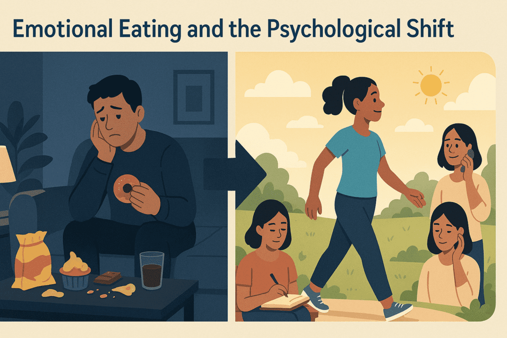 What Happens When You Quit Sugar for 30 Days? A Science-Backed Look at the 30 Day No Sugar Challenge and Its Health Effects 7 Visual comparison showing What Happens When You Quit Sugar for 30 Days—left side depicts emotional eating in a dark room, right side shows healthy habits like walking, journaling, and calling a friend in a bright park