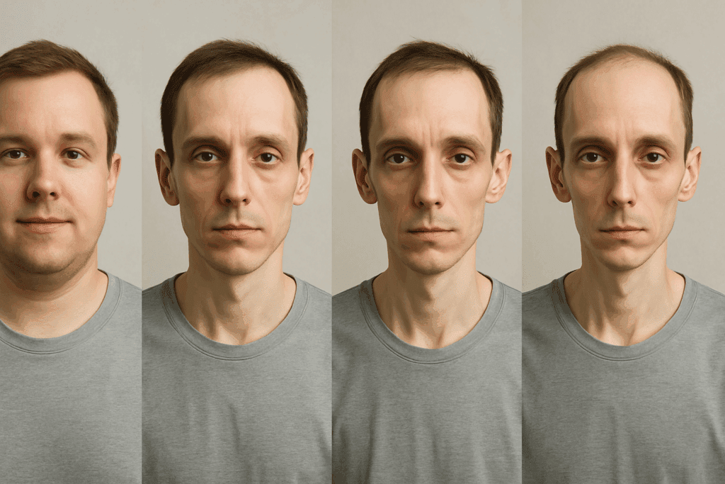 What Happens When You Stop Eating? Recognizing the Physical Signs and Health Risks of Not Eating Enough 2 Progression of physical changes in a man's face showing what happens when you stop eating, including weight loss, pale skin, and thinning hair