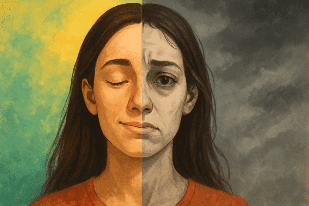 What Happens When You Stop Eating? Recognizing the Physical Signs and Health Risks of Not Eating Enough 4 Split-face portrait showing what happens when you stop eating—one side calm and nourished, the other stressed and depleted.