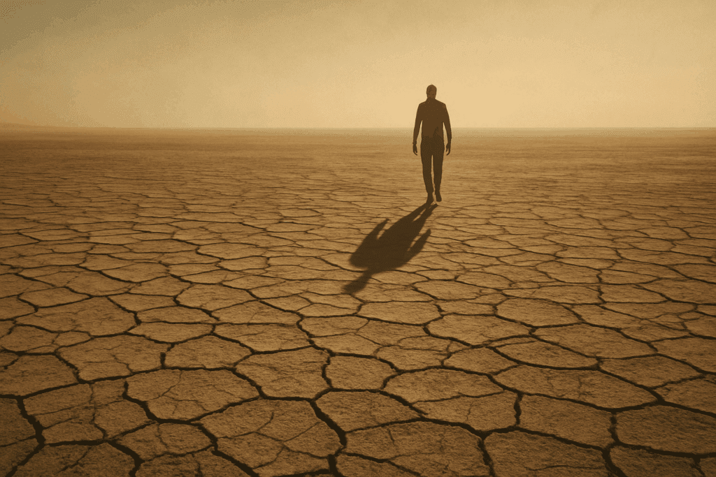 What Happens When You Stop Eating? Recognizing the Physical Signs and Health Risks of Not Eating Enough 6 Lone figure walking across cracked desert terrain under a faded sky, symbolizing what happens when you stop eating and become dehydrated.