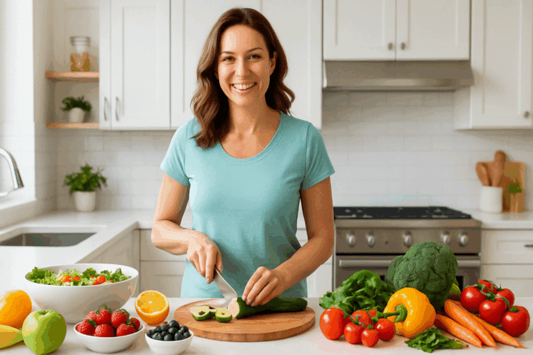 Woman smiling in a bright kitchen while preparing a sugar-free meal with fresh produce, showing what happens when you stop eating sugar for 30 days.