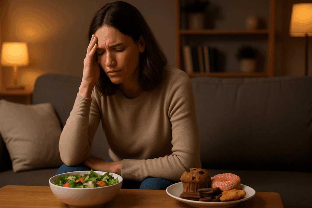 Woman experiencing discomfort during sugar withdrawal, choosing a healthy meal over sweets—what happens when you stop eating sugar for 30 days.