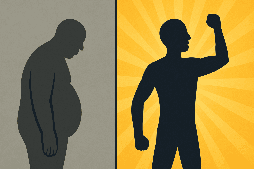 Side-by-side silhouette showing what happens when you stop eating sugar for 30 days, with a bloated figure on a gray background and an energized figure on a bright background.