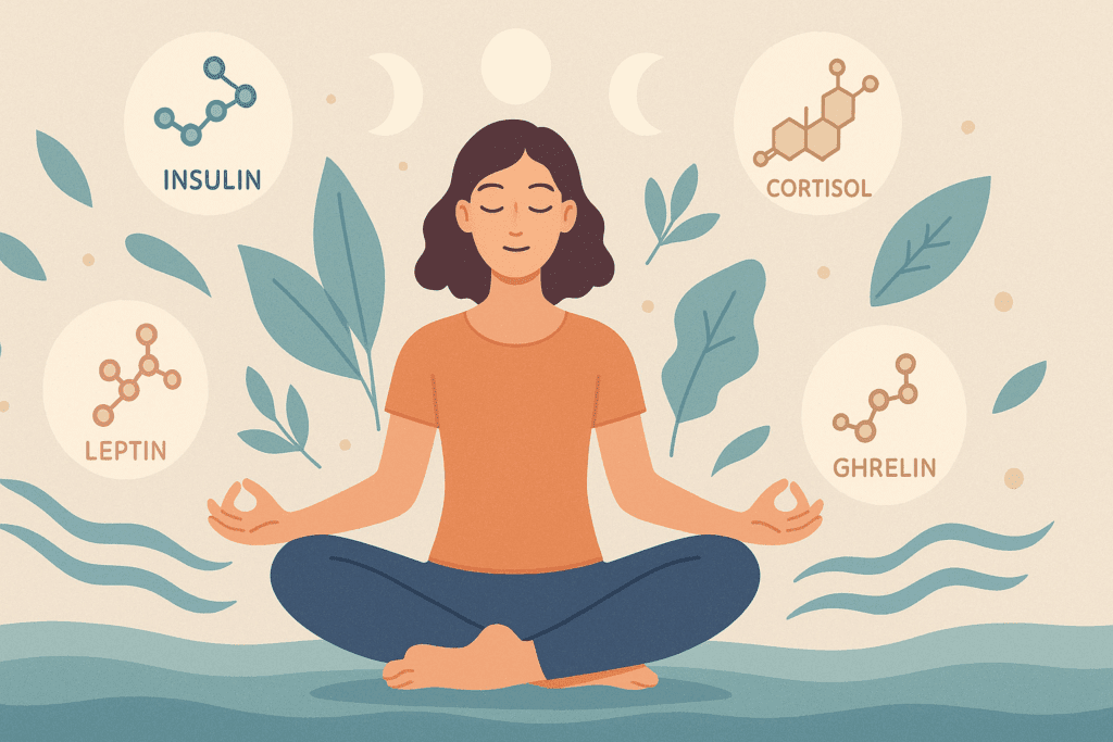 Calm woman meditating with hormones balanced around her, symbolizing what happens when you stop eating sugar for 30 days.