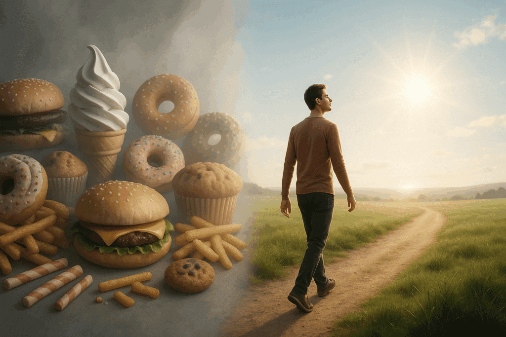Person walking away from foggy junk food toward sunny open field, symbolizing what happens when you stop eating sugar for 30 days