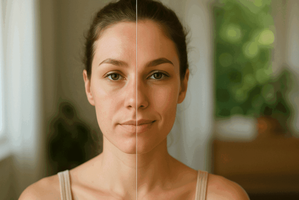 Split-view of a woman’s face before and after cutting sugar, showing what happens when you stop eating sugar for 30 days with clearer skin and improved tone.