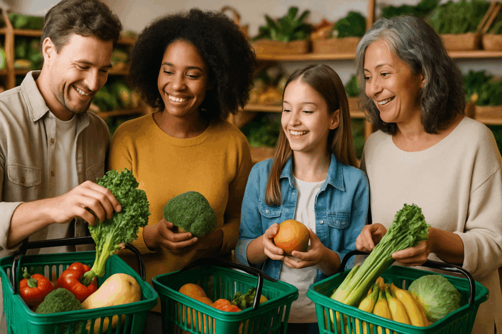 Diverse family grocery shopping for whole foods, showing what happens when you stop eating sugar for 30 days.