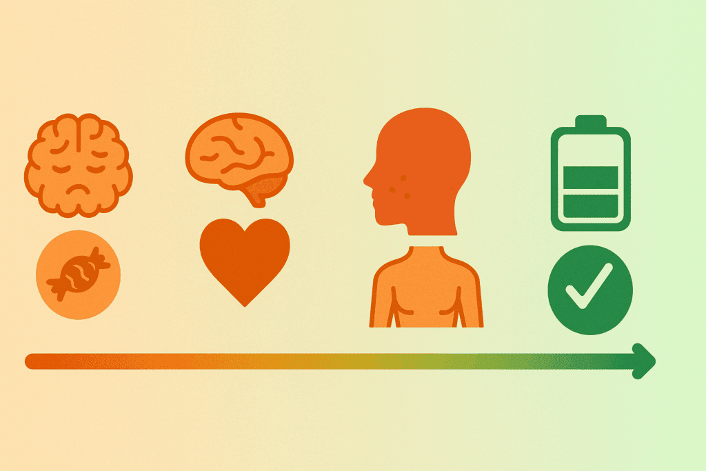 Infographic timeline showing what happens when you stop eating sugar for 30 days, with icons representing brain fog, cravings, mental clarity, improved skin, heart health, and increased energy.