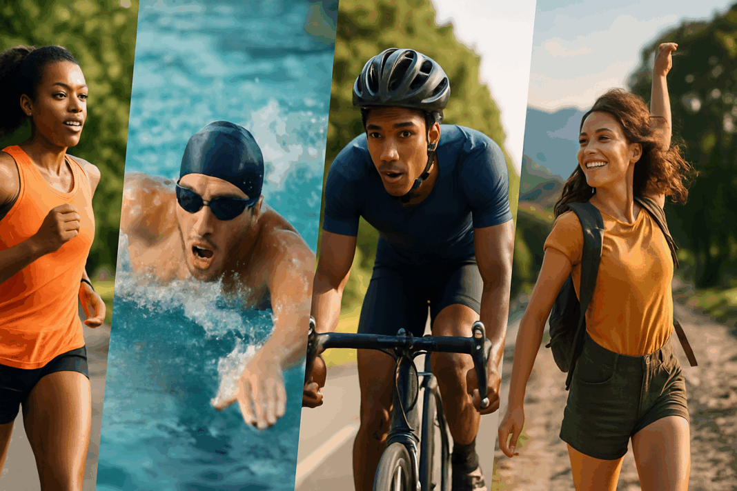 Collage of diverse people jogging, swimming, cycling, hiking, and dancing outdoors in parks and mountains, illustrating what is physical activity exercise.