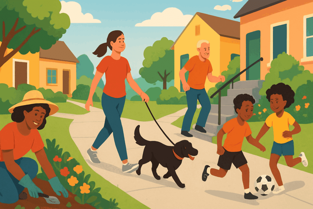 People of all ages engaging in everyday outdoor activities like gardening, dog walking, stair climbing, and soccer in a vibrant neighborhood, illustrating what is physical activity exercise.
