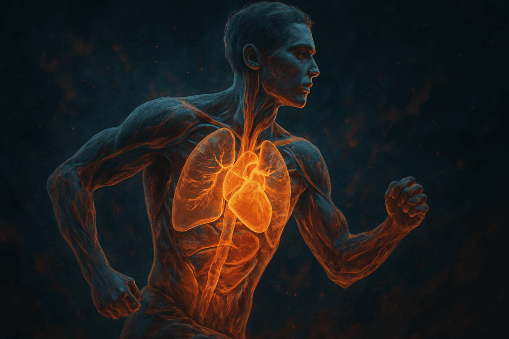 Artistic illustration showing human heart, lungs, and muscles glowing with energy during movement, symbolizing what is physical activity exercise benefits at the cellular level