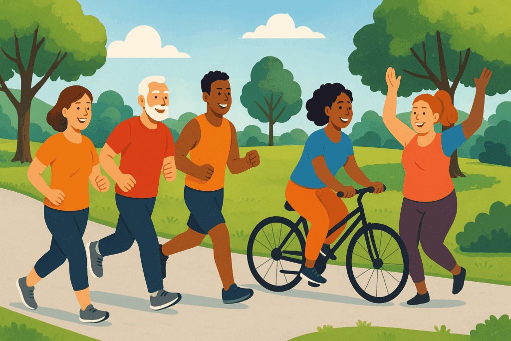 Diverse group of people engaged in what is physical activity exercise, including jogging, cycling, walking, and dancing in a vibrant outdoor park scene