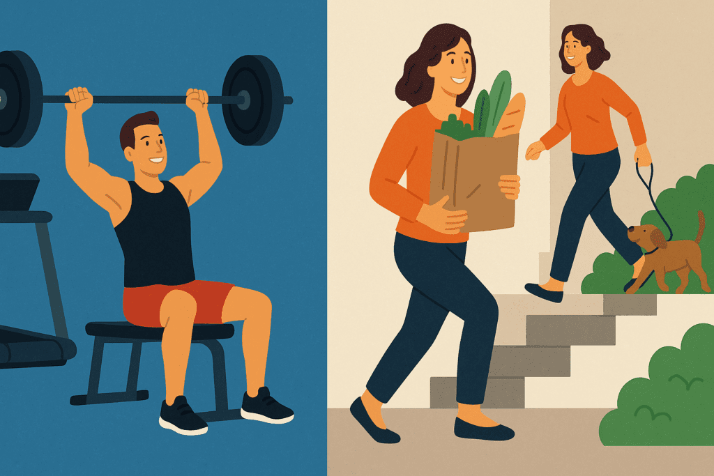 Person lifting weights at a gym and another carrying groceries, climbing stairs, and walking a dog, illustrating what is physical activity exercise.