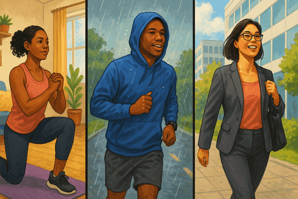 Diverse individuals demonstrating what is physical activity exercise by working out at home, jogging in light rain, and walking during a work break.