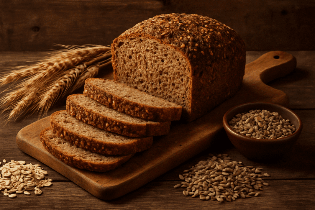 Sliced loaf of whole grain bread on a rustic wooden cutting board with oats, rye grains, wheat stalks, and seeds — answering what is whole grain bread visually.