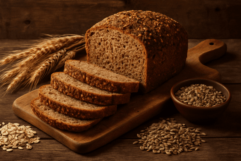 Sliced loaf of whole grain bread on a rustic wooden cutting board with oats, rye grains, wheat stalks, and seeds — answering what is whole grain bread visually.