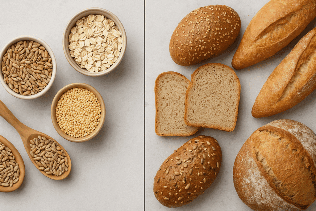 Whole cereal grains like wheat, rye, oats, and millet beside sliced loaves and rolls, illustrating what is whole grain bread.