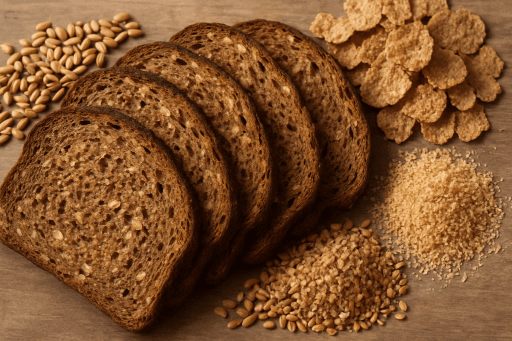 Whole grain bread slices fanned out on a wooden table beside wheat germ, bran flakes, and whole wheat kernels, illustrating what is whole grain bread.