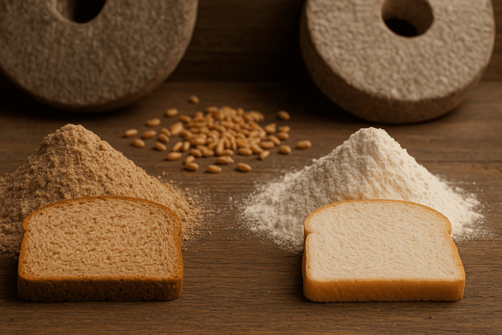 Side-by-side comparison of whole wheat and white bread with flour piles, illustrating what is whole grain bread versus refined bread