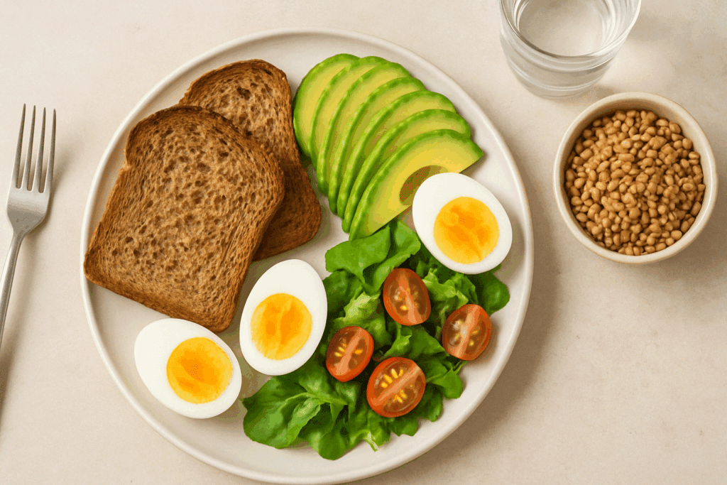Healthy breakfast with whole grain toast, eggs, avocado, salad, and wheat berries, illustrating what is whole grain bread in a balanced meal.
