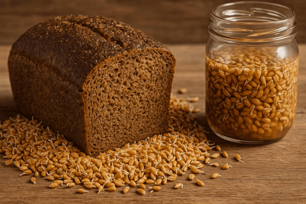 Rustic sprouted whole grain bread loaf on a wooden table with soaked grains in a jar, illustrating what is whole grain bread