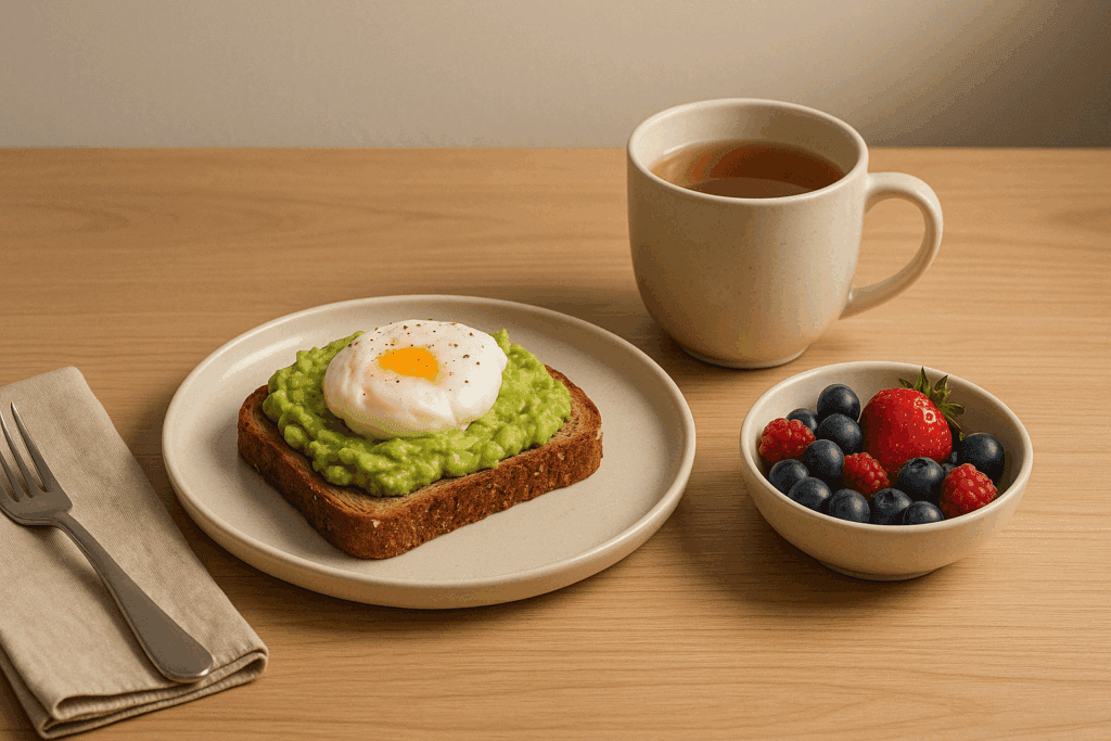 Whole grain toast topped with smashed avocado and poached egg, served with berries and tea, illustrating what is whole grain bread in a balanced breakfast setting