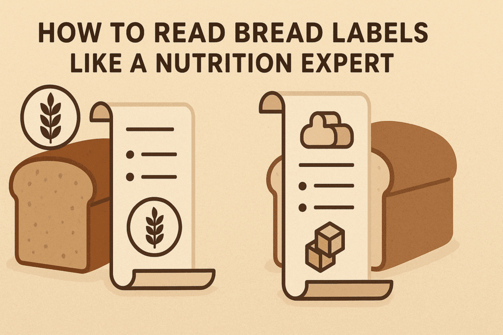 Split-screen infographic comparing what is whole grain bread versus enriched bread, using scroll-style labels and visual icons for fiber and added sugar.