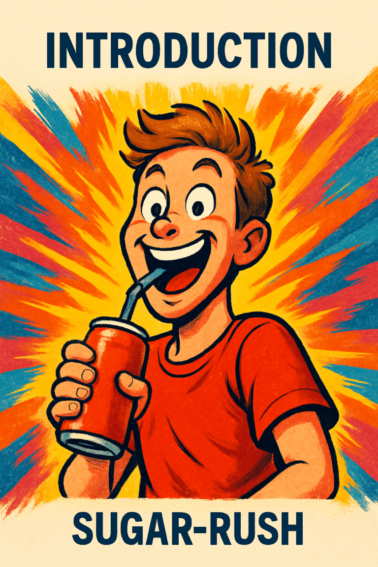 Excited young man drinking soda with colorful energy burst in background, illustrating what is a sugar rush.