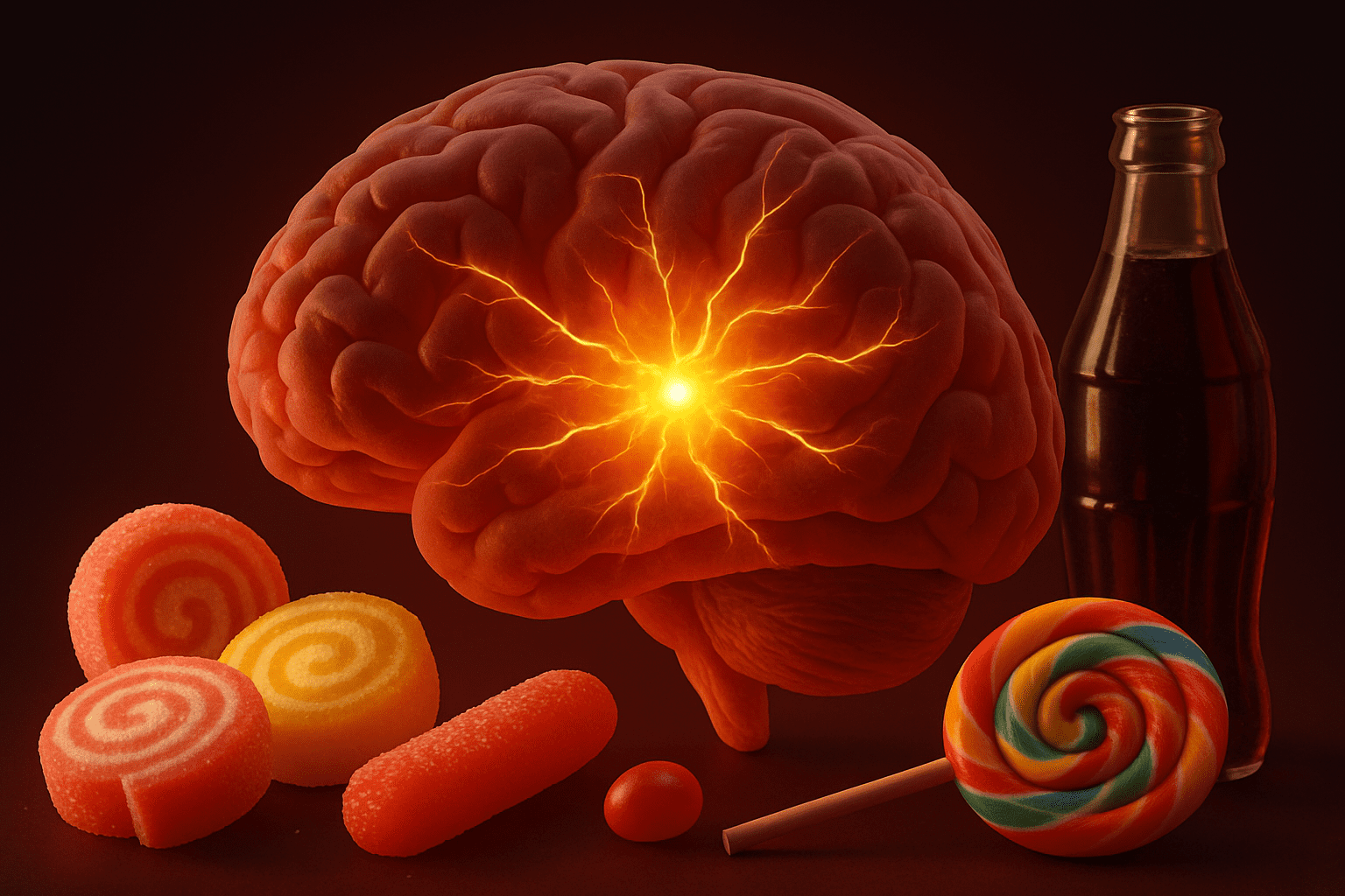 Illustration showing the brain's reward center lighting up after sugar consumption, with a burst of energy from dopamine release. Surrounding sugary treats like candy and soda emphasize the effect of sugar on the brain, answering the question, 'what is a sugar rush.