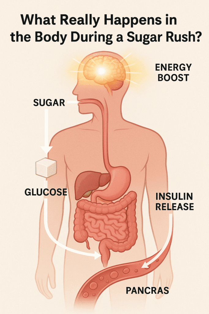 Scientific diagram explaining what is a sugar rush, showing sugar digestion, glucose entering the bloodstream, insulin release, and brain energy boost